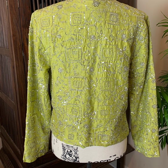 Chico's Silk Sequin Open Front Chartreuse Jacket - Picture 4 of 7